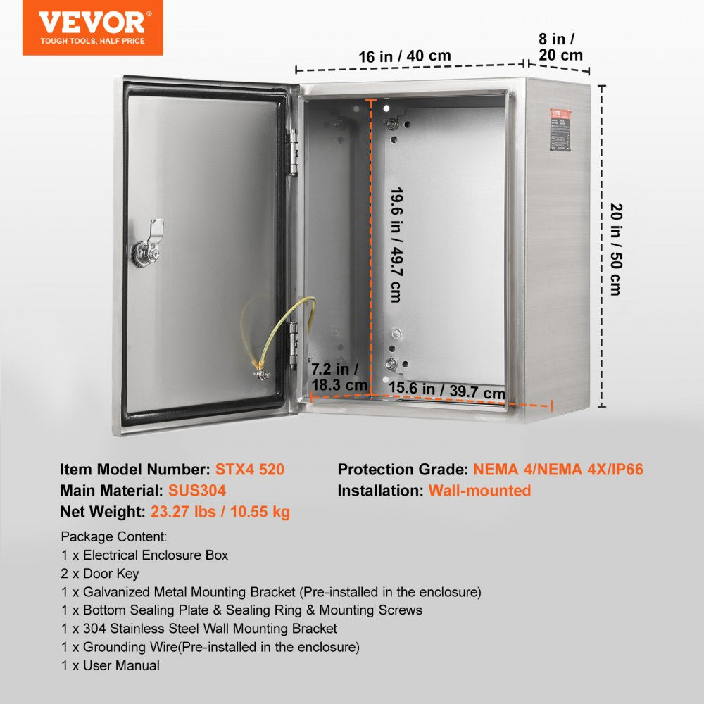 VEVOR Steel Electrical Box, 20"x 16"x 8", 304 Stainless Steel Electrical Enclosure Box, Wall-Mounted Outdoor Electrical Electronic Equipment Enclosure with Mounting Plate Hinges Lock, IP66 Waterproof
