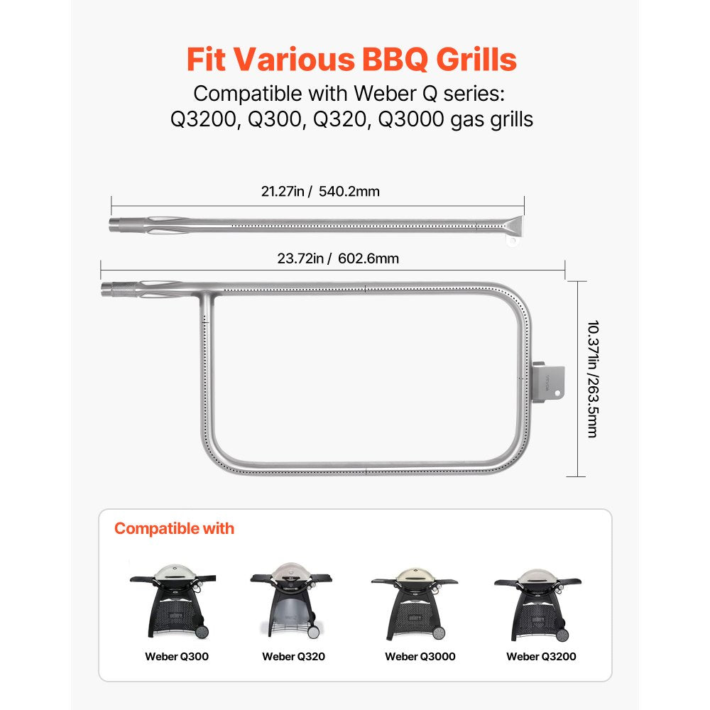 VEVOR Grill Burner Tube for Weber Q3200, Q300 (2013 & earlier), Q320, Q3000 (2014 & newer), 23.75 inch 304 Stainless Steel Tube Burner for Weber 404341, 57060001, 586002, Replacement Part 60036, 80385