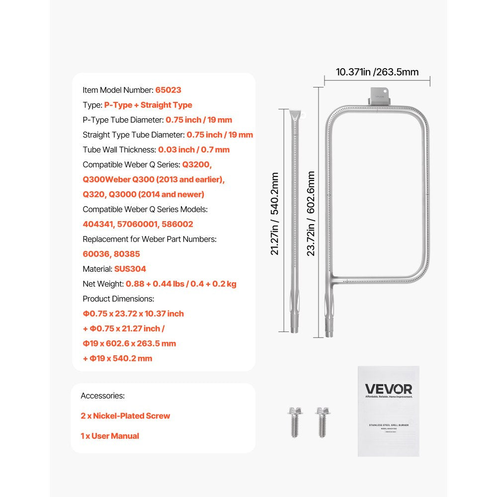 VEVOR Grill Burner Tube for Weber Q3200, Q300 (2013 & earlier), Q320, Q3000 (2014 & newer), 23.75 inch 304 Stainless Steel Tube Burner for Weber 404341, 57060001, 586002, Replacement Part 60036, 80385