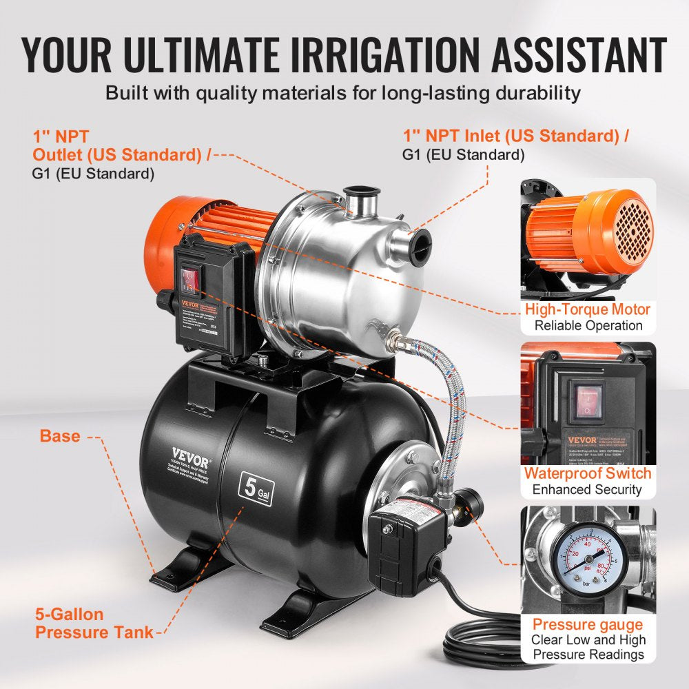 VEVOR 1 HP Shallow Well Pump with Pressure Tank, 1000 GPH, Automatic Irrigation Water Booster Pump with 130 ft Head Lift 20/40 PSI Pressure Switch, 304 Stainless Steel Pump Head for Home Garden Lawn