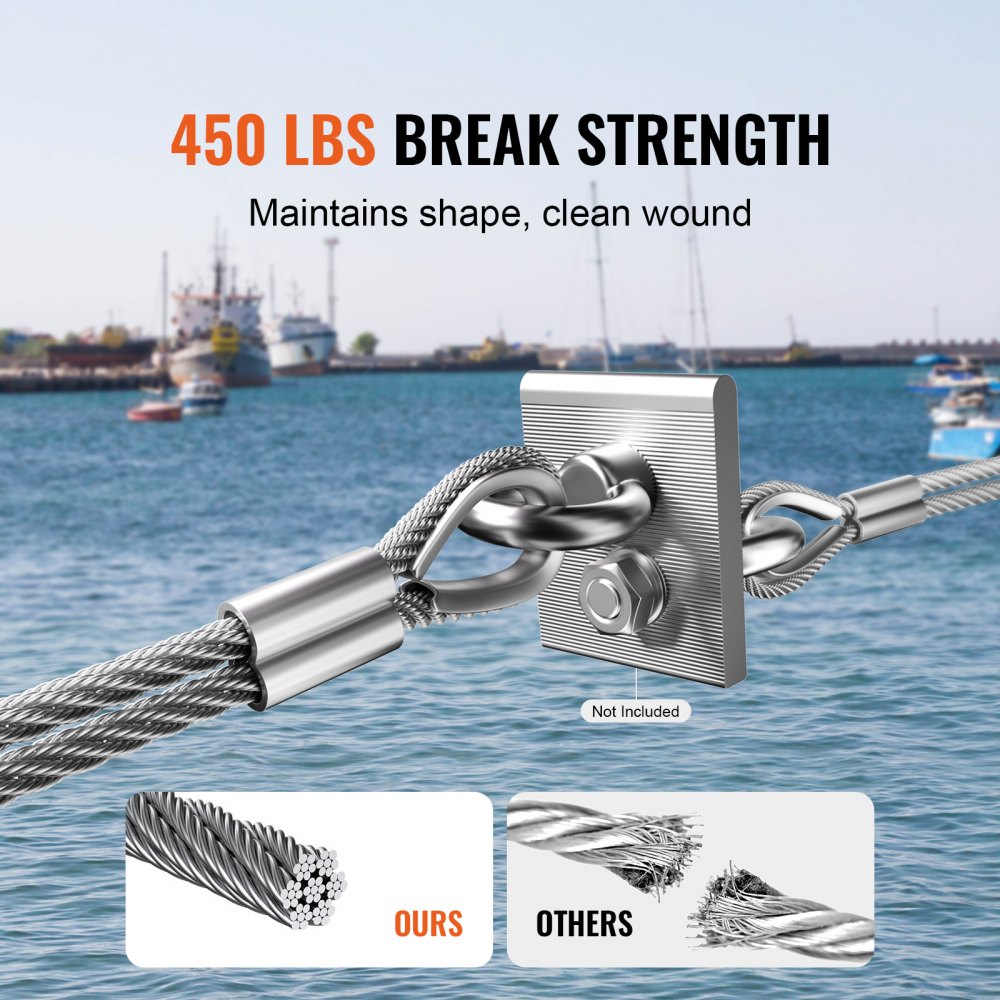 VEVOR Wire Rope Kit, 1/16" 330 ft 304 Stainless Steel Cable with 80 Sleeves and 20 Thimbles, 450 lbs Breaking Strength, 7x7 Strands Marine Aircraft Grade for Handrail Stair Decking Fence Outdoors