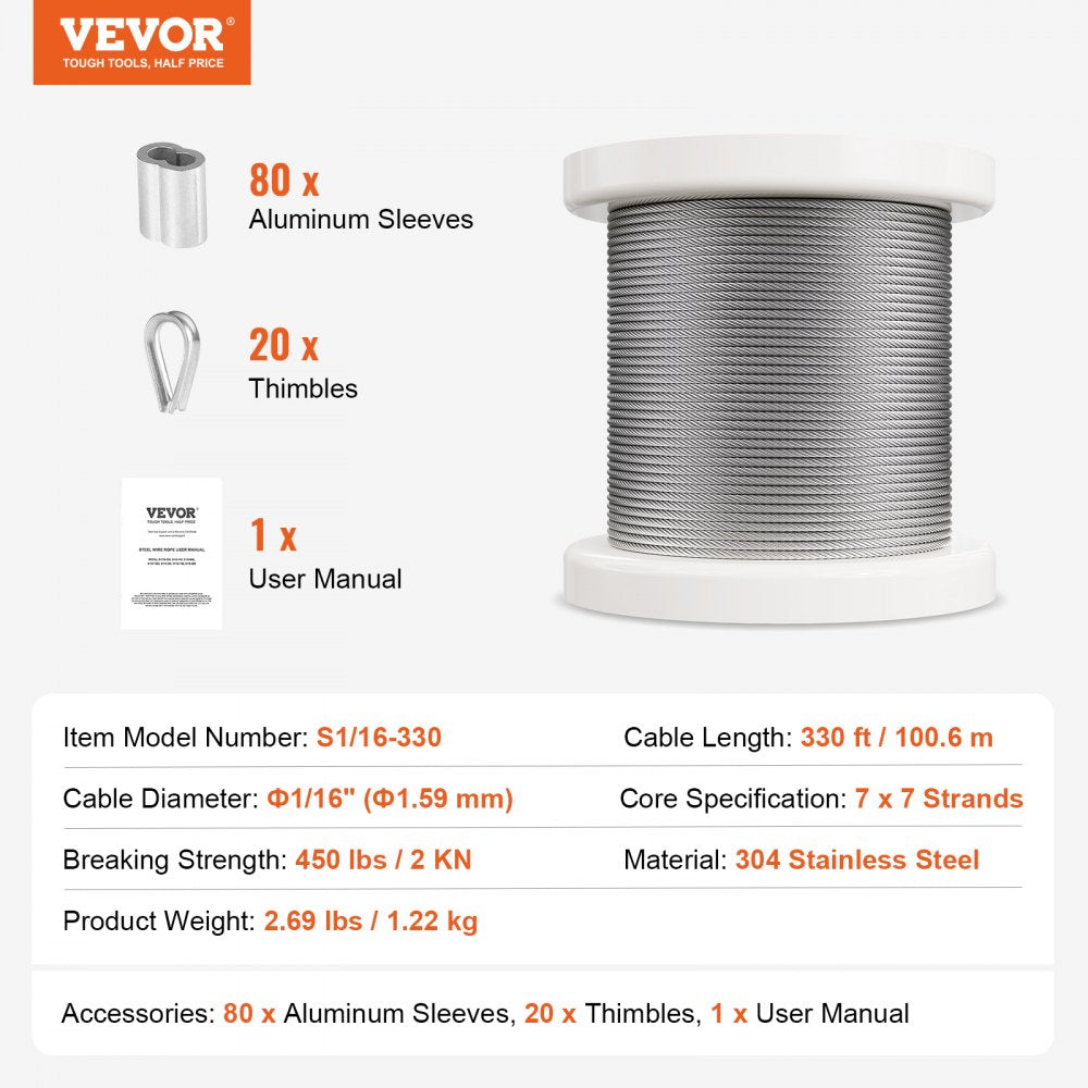 VEVOR Wire Rope Kit, 1/16" 330 ft 304 Stainless Steel Cable with 80 Sleeves and 20 Thimbles, 450 lbs Breaking Strength, 7x7 Strands Marine Aircraft Grade for Handrail Stair Decking Fence Outdoors