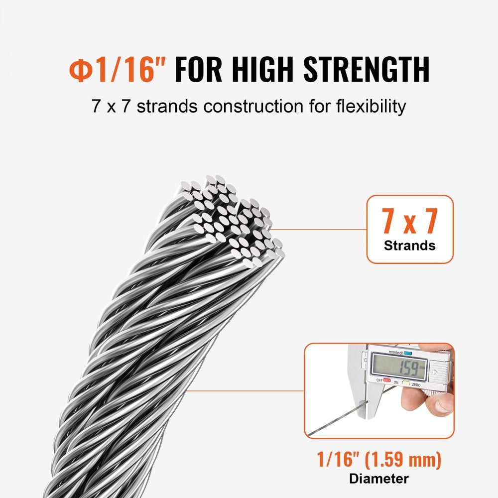 VEVOR Wire Rope Kit, 1/16" 66 ft 304 Stainless Steel Cable with Crimping Pliers, 160 Sleeves and 12 Thimbles, 7x7 Strands Construction Marine Aircraft Grade for Handrail Stair Decking Fence Outdoors
