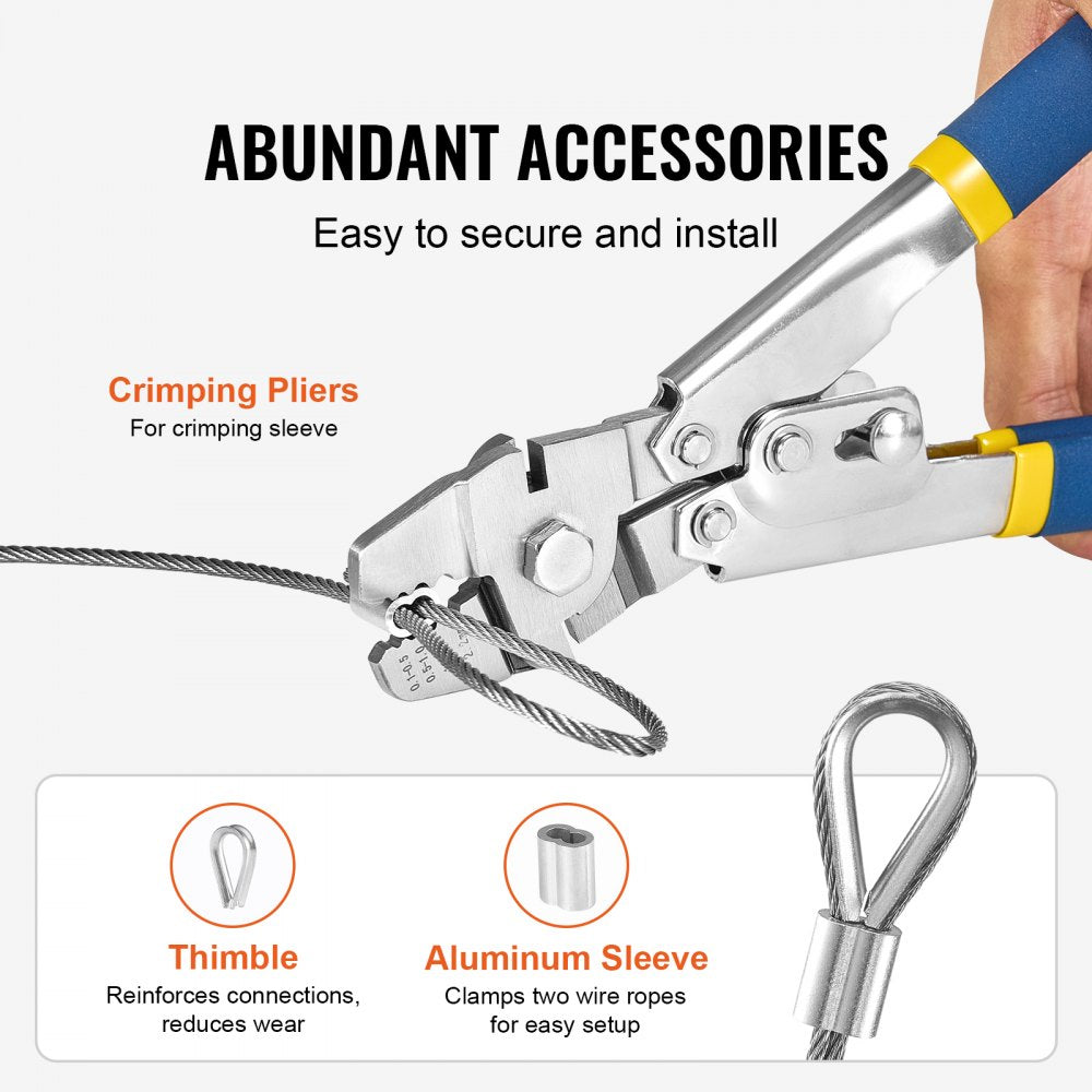 VEVOR Wire Rope Kit, 1/16" 66 ft 304 Stainless Steel Cable with Crimping Pliers, 160 Sleeves and 12 Thimbles, 7x7 Strands Construction Marine Aircraft Grade for Handrail Stair Decking Fence Outdoors