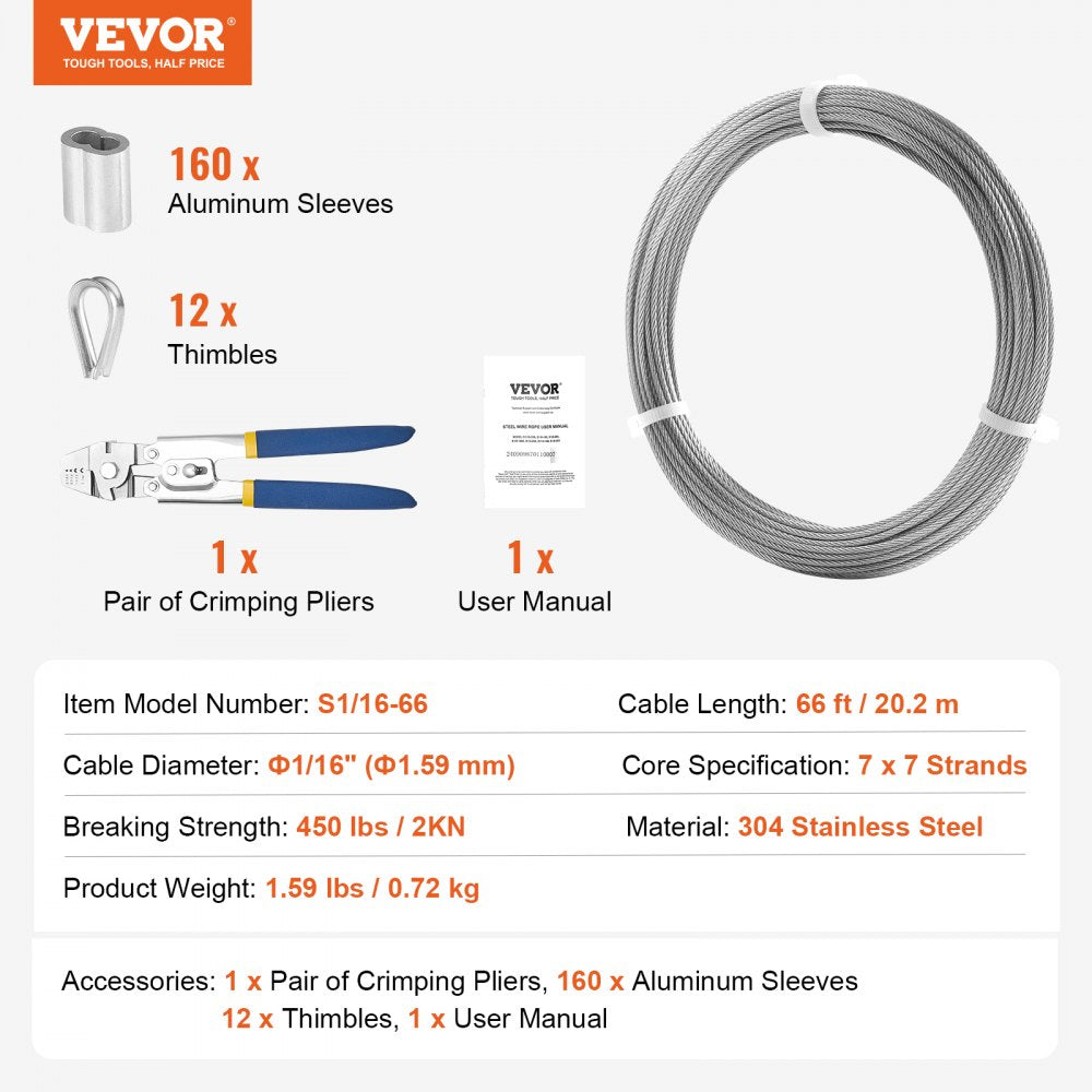 VEVOR Wire Rope Kit, 1/16" 66 ft 304 Stainless Steel Cable with Crimping Pliers, 160 Sleeves and 12 Thimbles, 7x7 Strands Construction Marine Aircraft Grade for Handrail Stair Decking Fence Outdoors