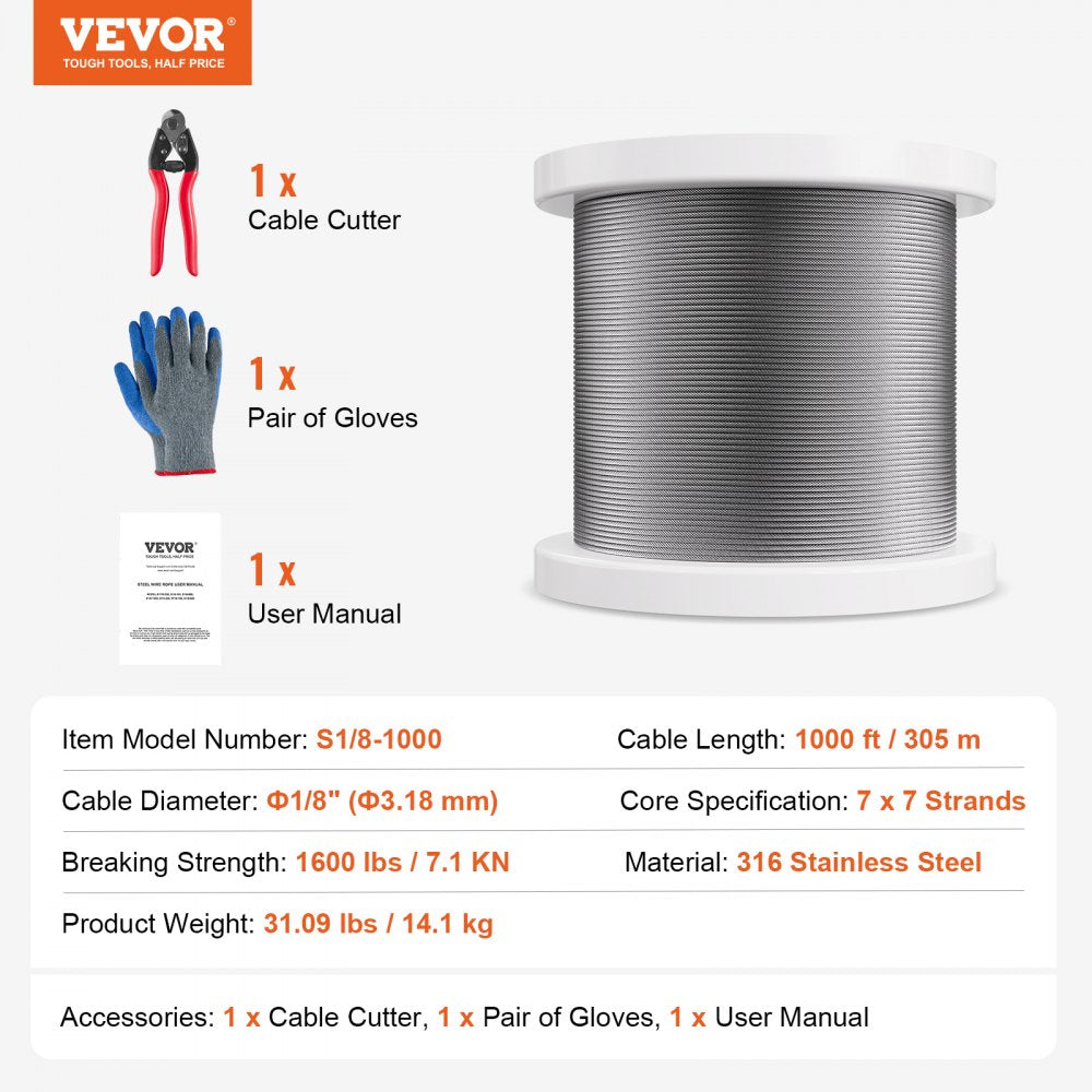 VEVOR Wire Rope Kit, 1/8" 1000 ft 316 Stainless Steel Cable with Cutter and Gloves, 1600 lbs Breaking Strength, 7x7 Strands Construction Marine Aircraft Grade for Handrail Stair Decking Fence Outdoors