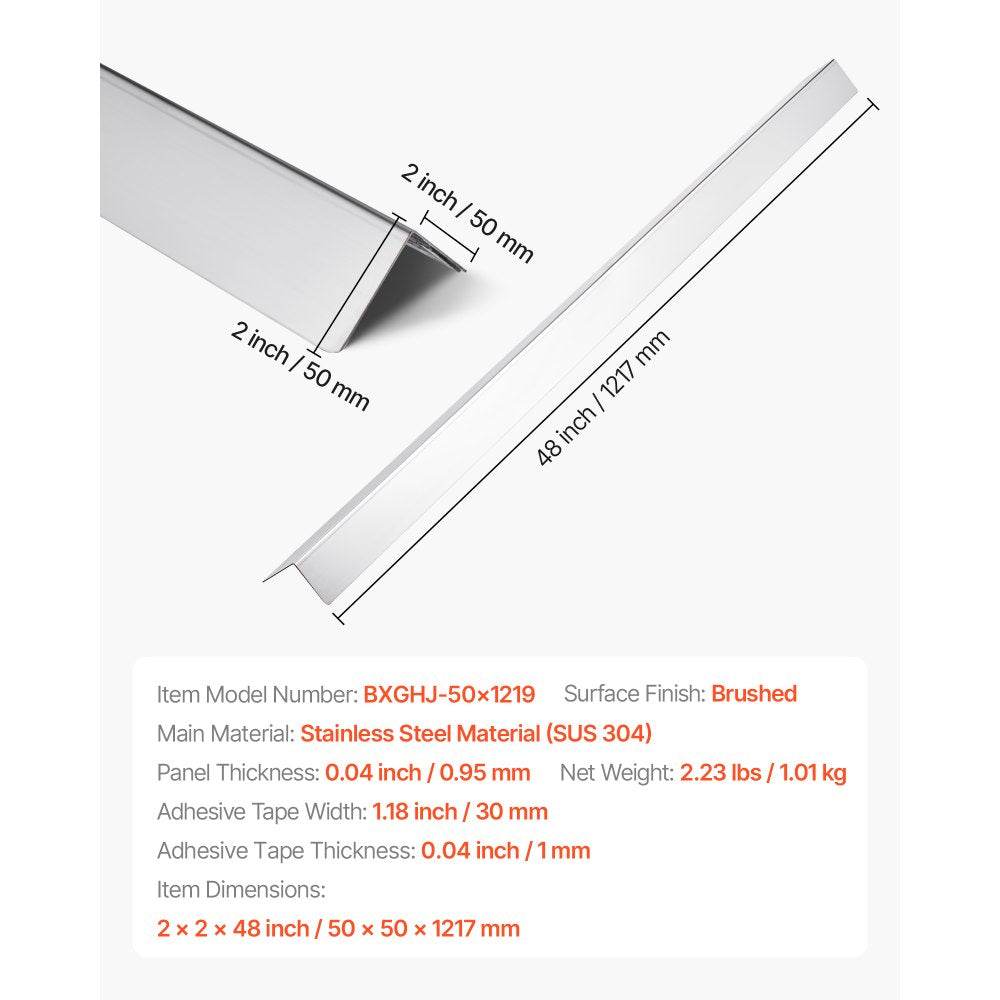 VEVOR Stainless Steel Wall Corner Protector, 2 x 2 x 48 inch, 10 Pack Metal Corner Guards, 304 Stainless Steel Edge Trim 90-Degree Angle for Home,Office,Commercial Wall Protection, with 3m Tape