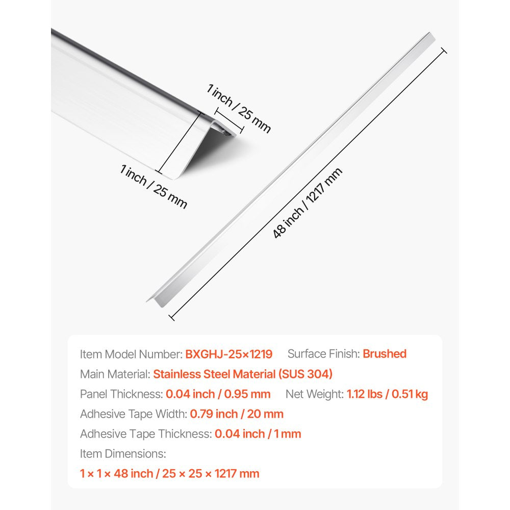 VEVOR Stainless Steel Wall Corner Protector, 1 x 1 x 48 inch, 10 Pack Metal Corner Guards, 304 Stainless Steel Edge Trim 90-Degree Angle for Home,Office,Commercial Wall Protection, with 3m Tape