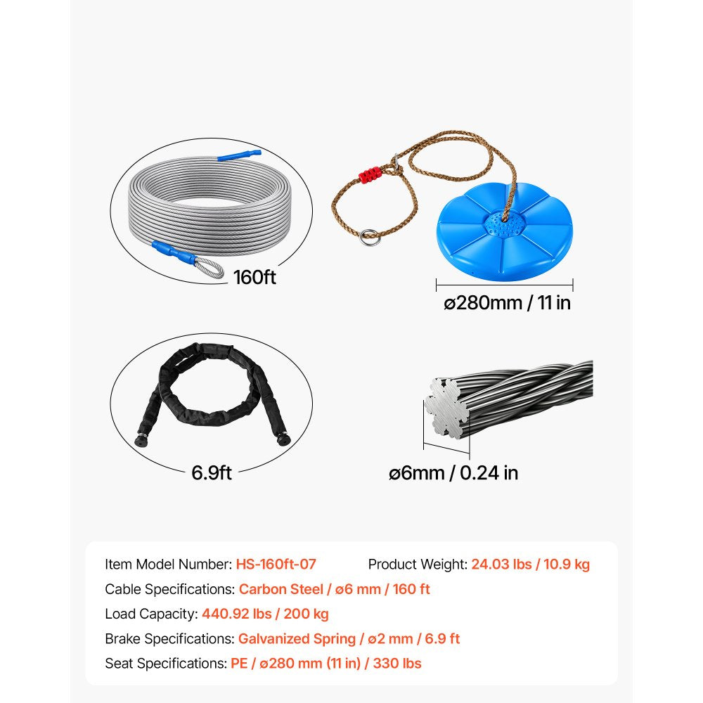VEVOR Zipline Kit, 160 ft, 6 mm Steel Cable, Backyard Zipline, Up to 330 lb, for Outdoor, Durable Zipline for Kids with 6.9 ft Spring Brake, Removable Trolley & Swing Seat, Ages 6-16, Not for Adults