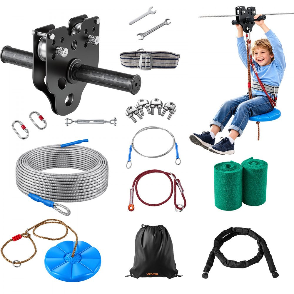 Vevor Zipline Kit 100' Backyard Zipline with 6 mm Steel Cable & Swing Seat New