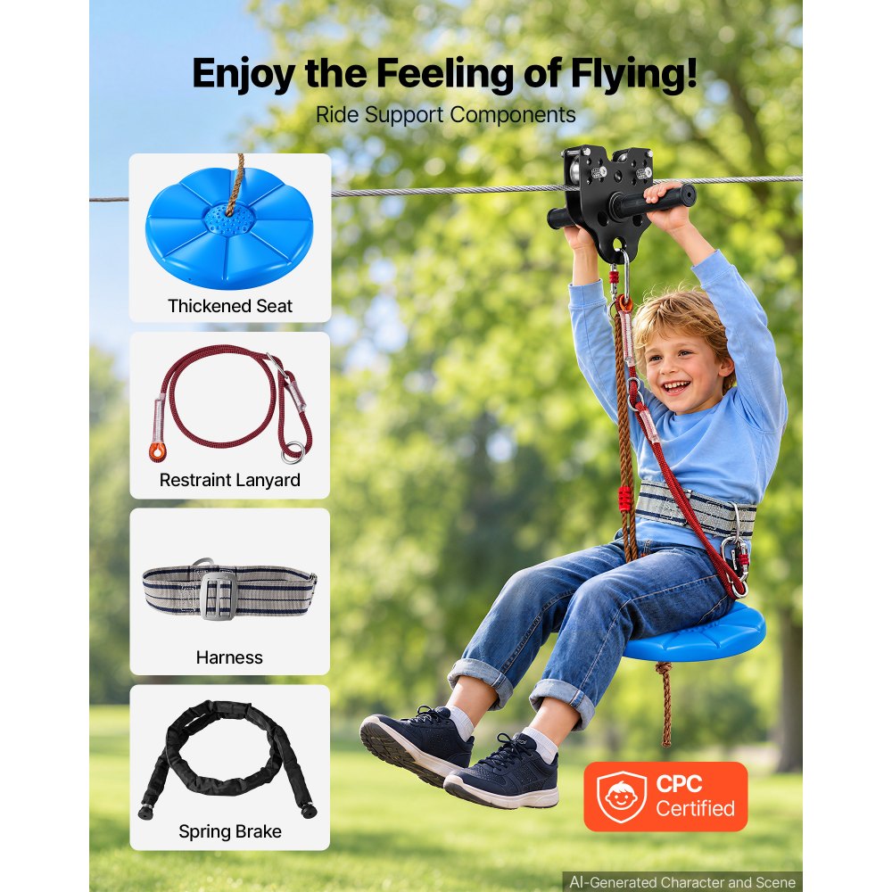 VEVOR Zipline Kit, 80 ft, 6 mm Steel Cable, Backyard Zipline, Up to 330 lb, for Outdoor, Durable Zipline for Kids with 6.9 ft Spring Brake, Removable Trolley & Swing Seat, Ages 6-16, Not for Adults