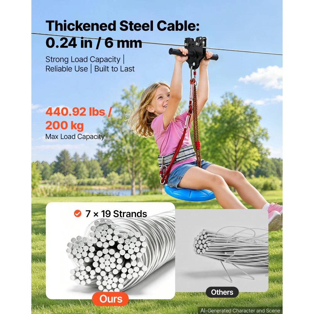 VEVOR Zipline Kit, 80 ft, 6 mm Steel Cable, Backyard Zipline, Up to 330 lb, for Outdoor, Durable Zipline for Kids with 6.9 ft Spring Brake, Removable Trolley & Swing Seat, Ages 6-16, Not for Adults