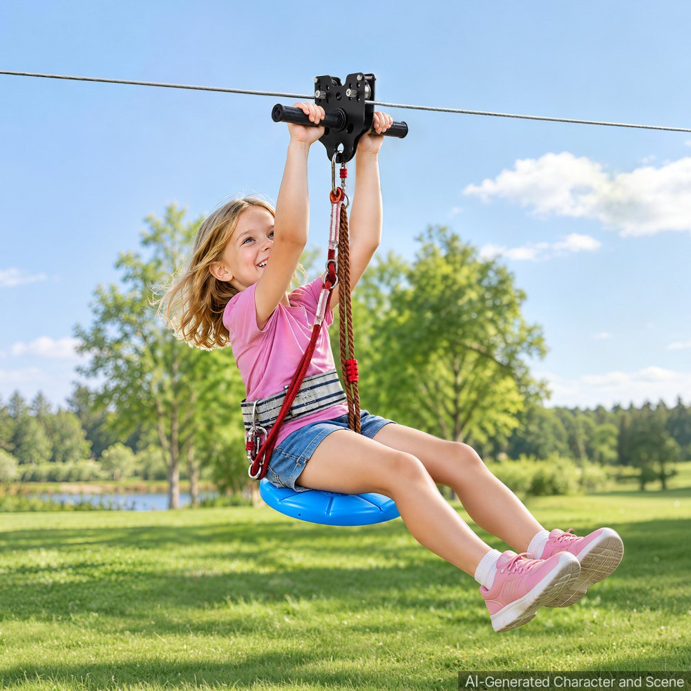 VEVOR Zipline Kit, 80 ft, 6 mm Steel Cable, Backyard Zipline, Up to 330 lb, for Outdoor, Durable Zipline for Kids with 6.9 ft Spring Brake, Removable Trolley & Swing Seat, Ages 6-16, Not for Adults