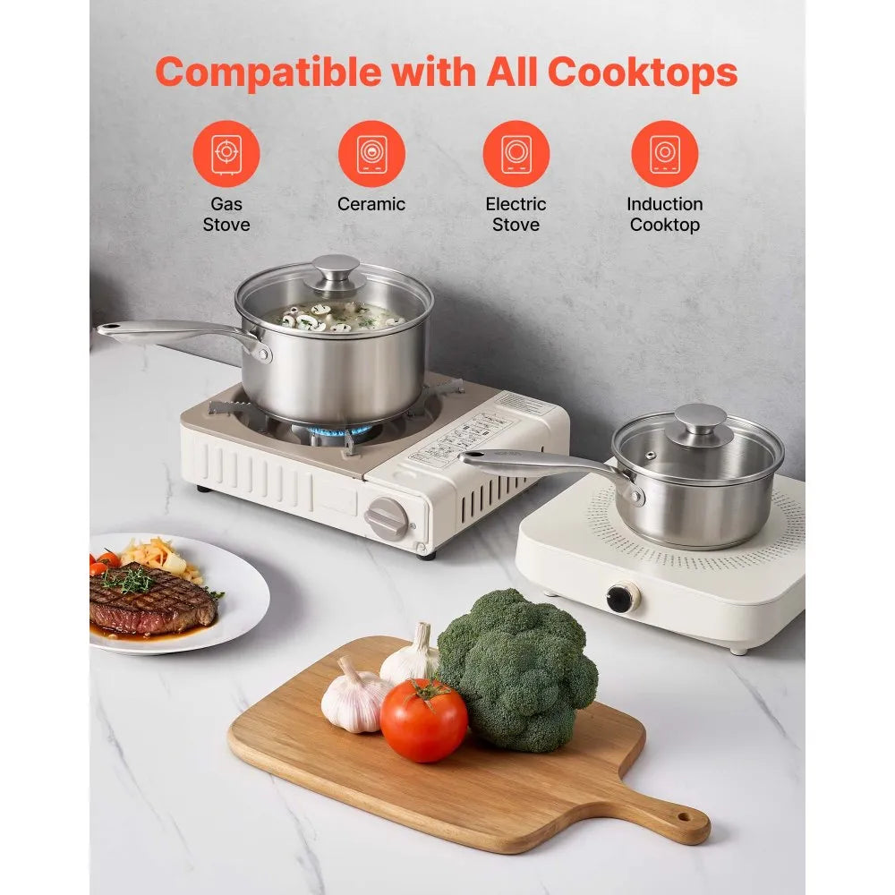 VEVOR Stainless Steel Saucepan Set, 1 QT & 2 QT & 3 QT Saucepans with Glass Lids, Multipurpose Nonstick Stainless Steel Sauce Pot with Ergonomic Handle, Friendly for Oven, Dishwasher, Induction Cooker