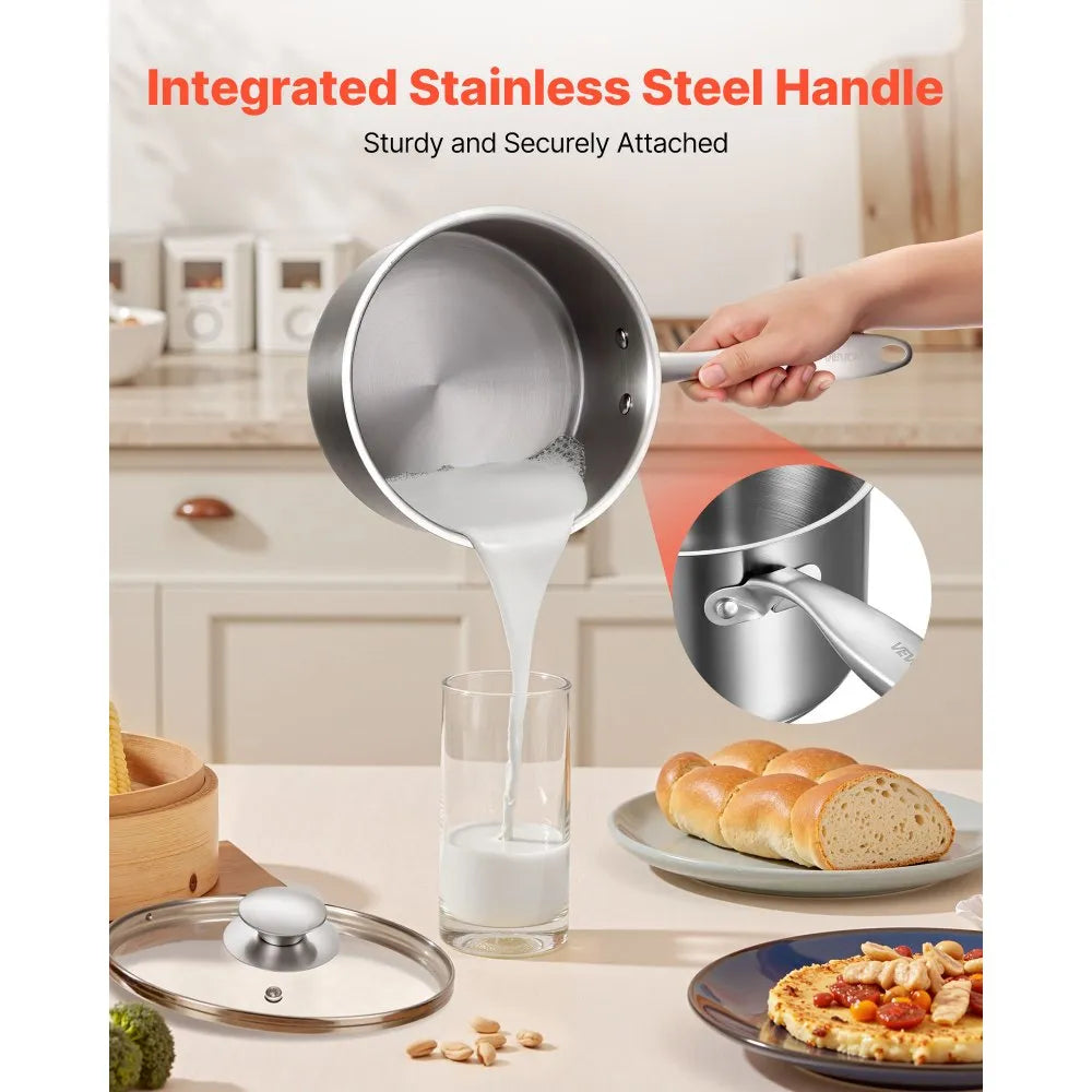 VEVOR Stainless Steel Saucepan Set, 1 QT & 2 QT & 3 QT Saucepans with Glass Lids, Multipurpose Nonstick Stainless Steel Sauce Pot with Ergonomic Handle, Friendly for Oven, Dishwasher, Induction Cooker