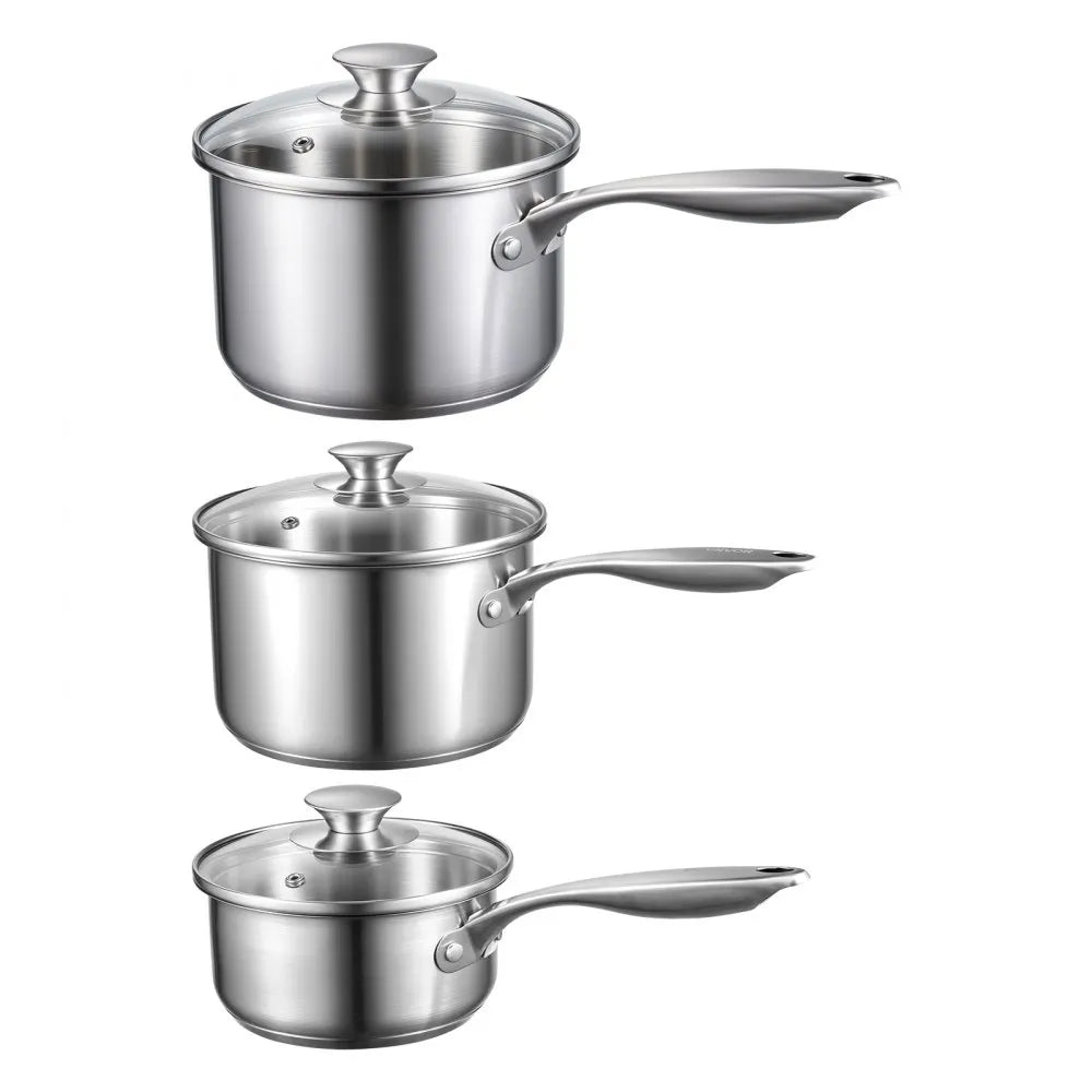 VEVOR Stainless Steel Saucepan Set, 1 QT & 2 QT & 3 QT Saucepans with Glass Lids, Multipurpose Nonstick Stainless Steel Sauce Pot with Ergonomic Handle, Friendly for Oven, Dishwasher, Induction Cooker