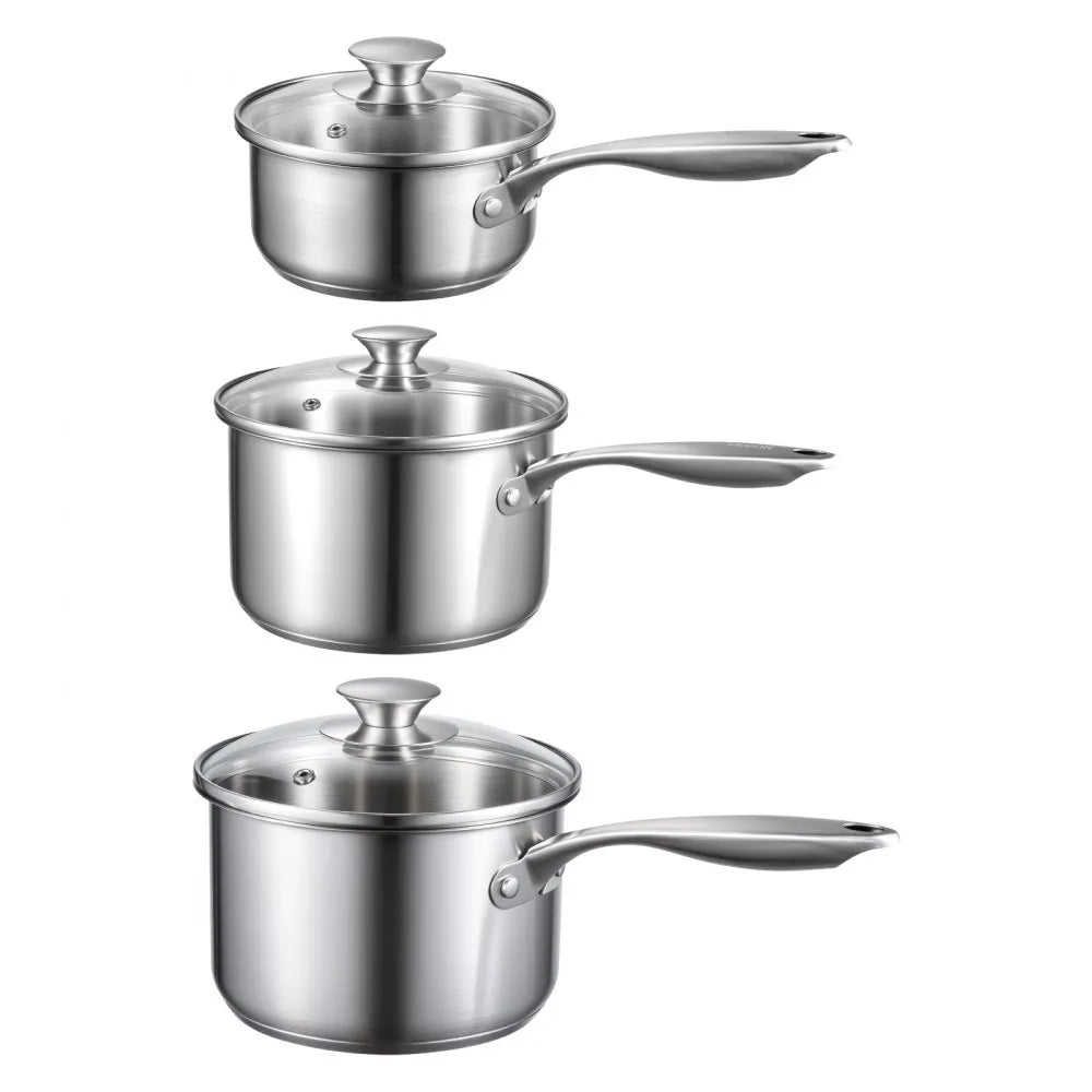 VEVOR Stainless Steel Saucepan Set, 1 QT & 2 QT & 3 QT Saucepans with Glass Lids, Multipurpose Nonstick Stainless Steel Sauce Pot with Ergonomic Handle, Friendly for Oven, Dishwasher, Induction Cooker