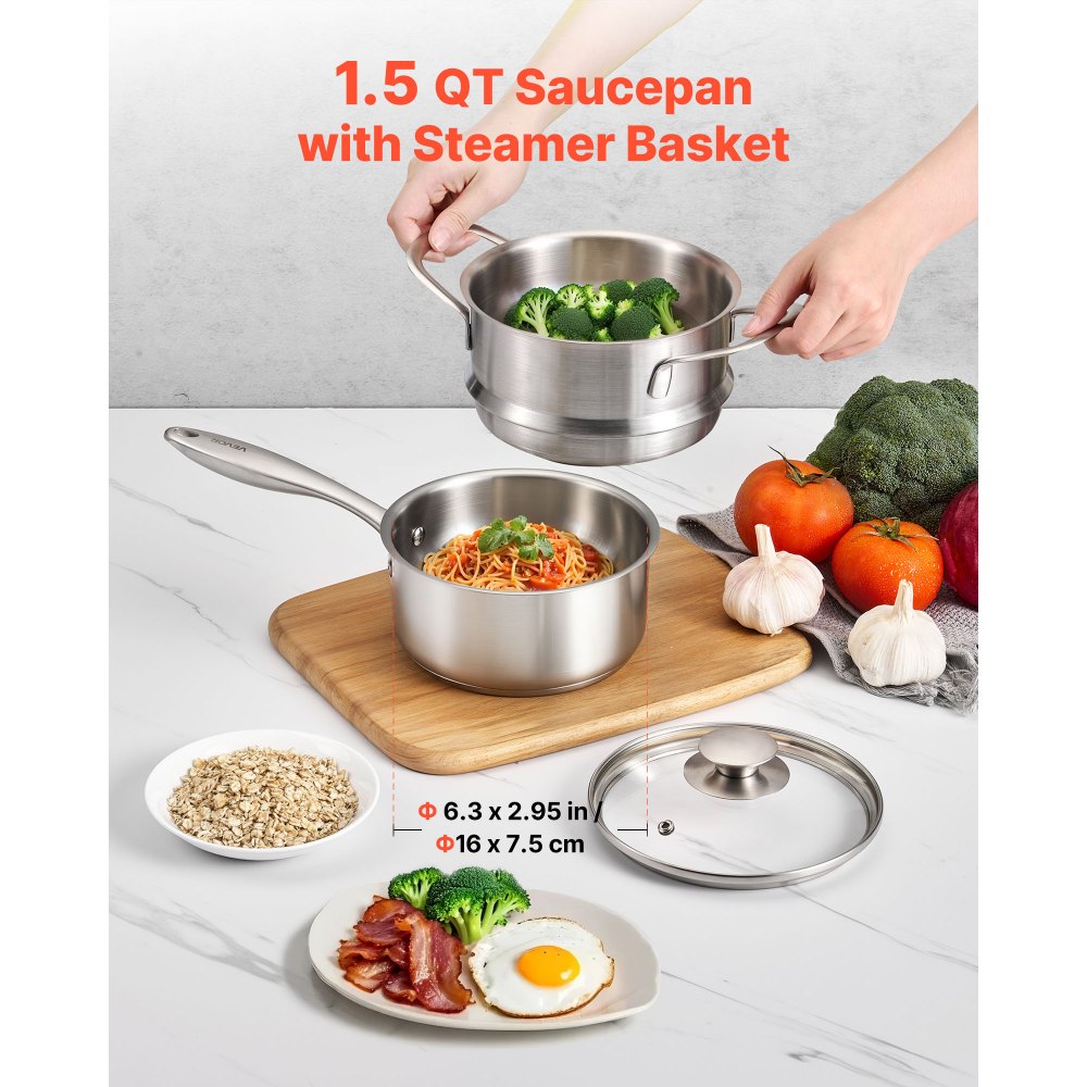 VEVOR 1.5 QT Saucepan with Steamer, Stainless Steel Saucepan with Glass Lid, Multipurpose Nonstick Stainless Steel Sauce Pot with Ergonomic Handle, Friendly for Oven, Dishwasher, Induction Cooker