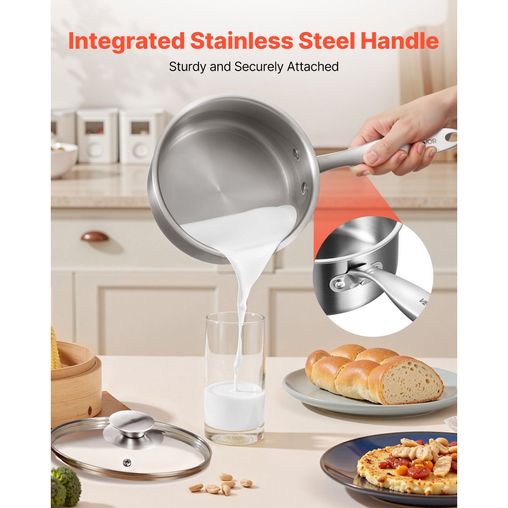 VEVOR 1.5 QT Saucepan with Steamer, Stainless Steel Saucepan with Glass Lid, Multipurpose Nonstick Stainless Steel Sauce Pot with Ergonomic Handle, Friendly for Oven, Dishwasher, Induction Cooker