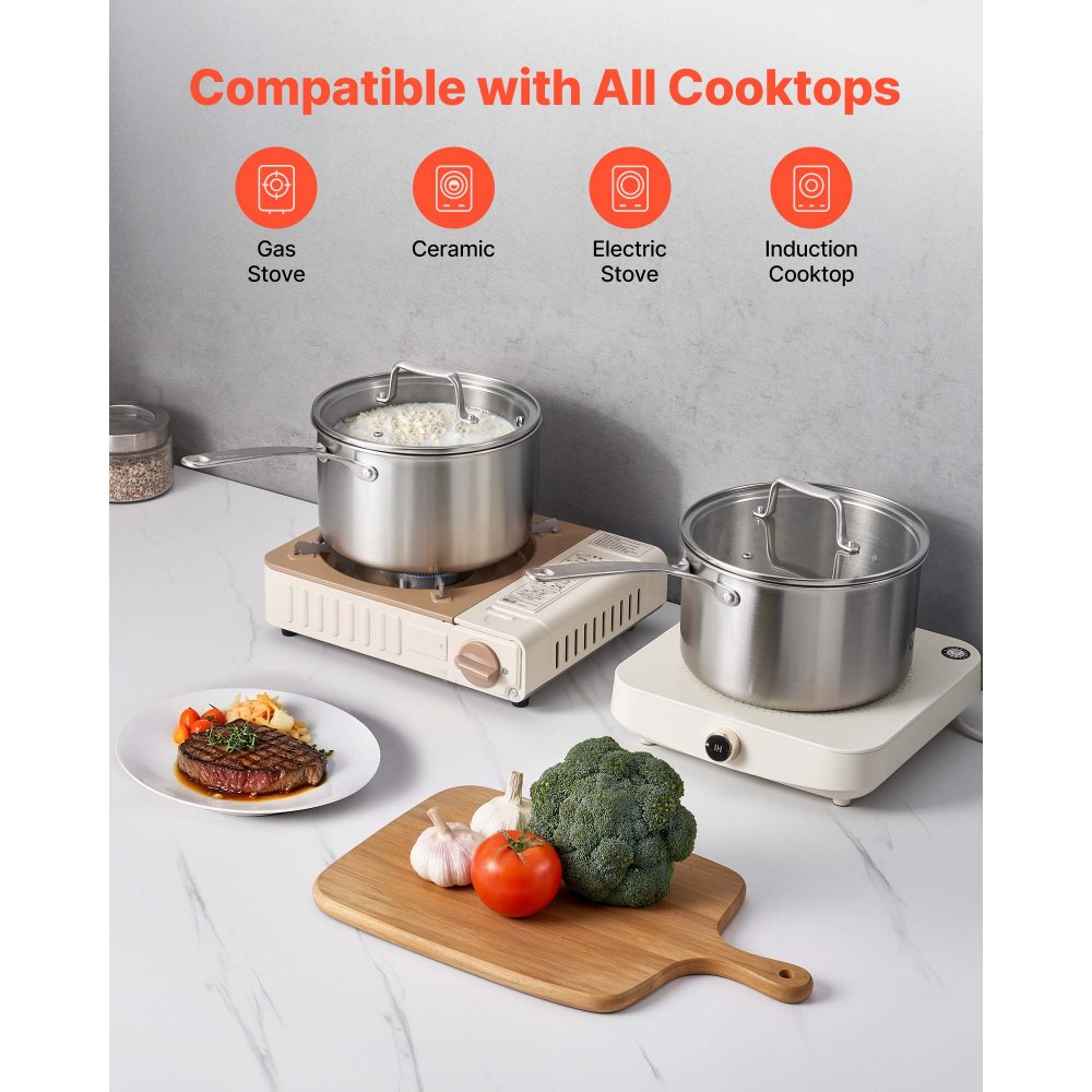 VEVOR 4 QT Saucepan, Stainless Steel Saucepan with Glass Lid, Multipurpose Nonstick Stainless Steel Small Cooking Sauce Pot with Ergonomic Handle, Friendly for Oven, Dishwasher, Induction Cooker