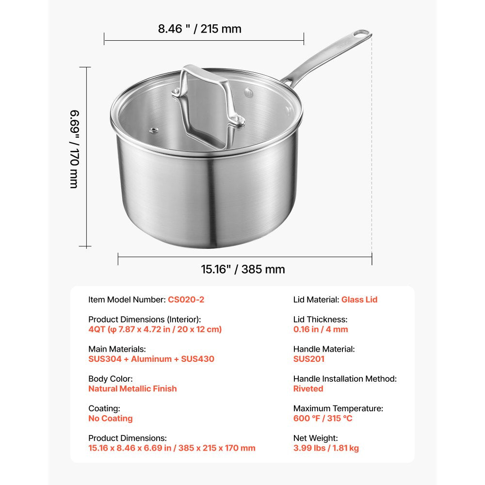 VEVOR 4 QT Saucepan, Stainless Steel Saucepan with Glass Lid, Multipurpose Nonstick Stainless Steel Small Cooking Sauce Pot with Ergonomic Handle, Friendly for Oven, Dishwasher, Induction Cooker