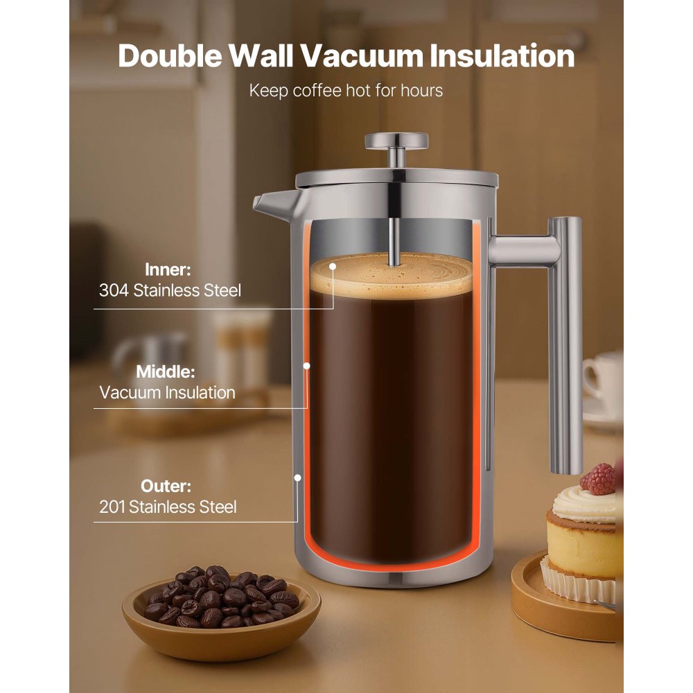 VEVOR French Press Coffee Maker, 51 Ounce 1.5 Liter Stainless Steel Coffee Press Tea Maker with Filter, Large Double Wall Insulated French Presses Cold Brew for Camping Travel Home Kitchen, Silver