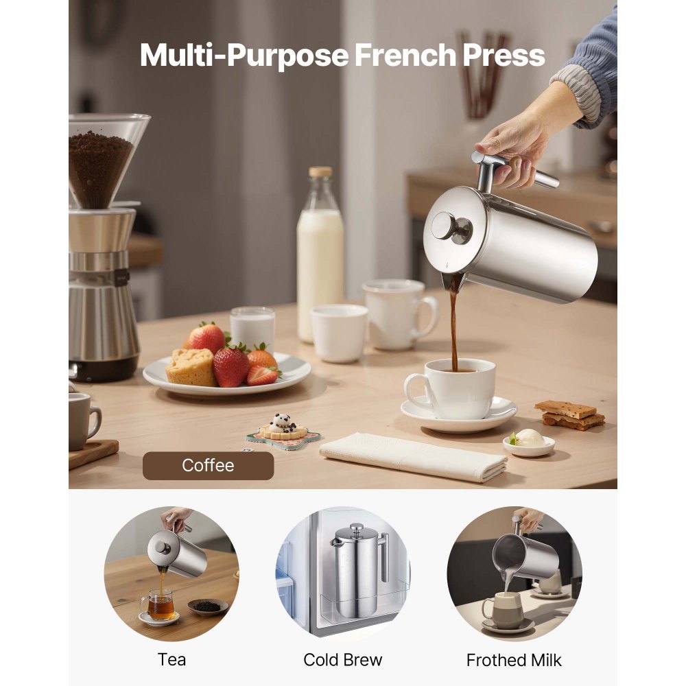 VEVOR French Press Coffee Maker, 51 Ounce 1.5 Liter Stainless Steel Coffee Press Tea Maker with Filter, Large Double Wall Insulated French Presses Cold Brew for Camping Travel Home Kitchen, Silver