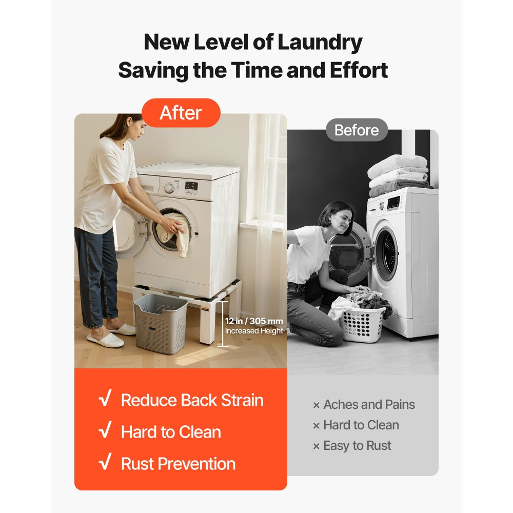 VEVOR Laundry Pedestal, 12 in Height, Washer and Dryer Pedestals with 1200 lbs Weight Load Capacity, 18.7-31 in Adjustable, Non-Slip Feet, Heavy-duty Steel Washing Machine Stand Universal Fit, White