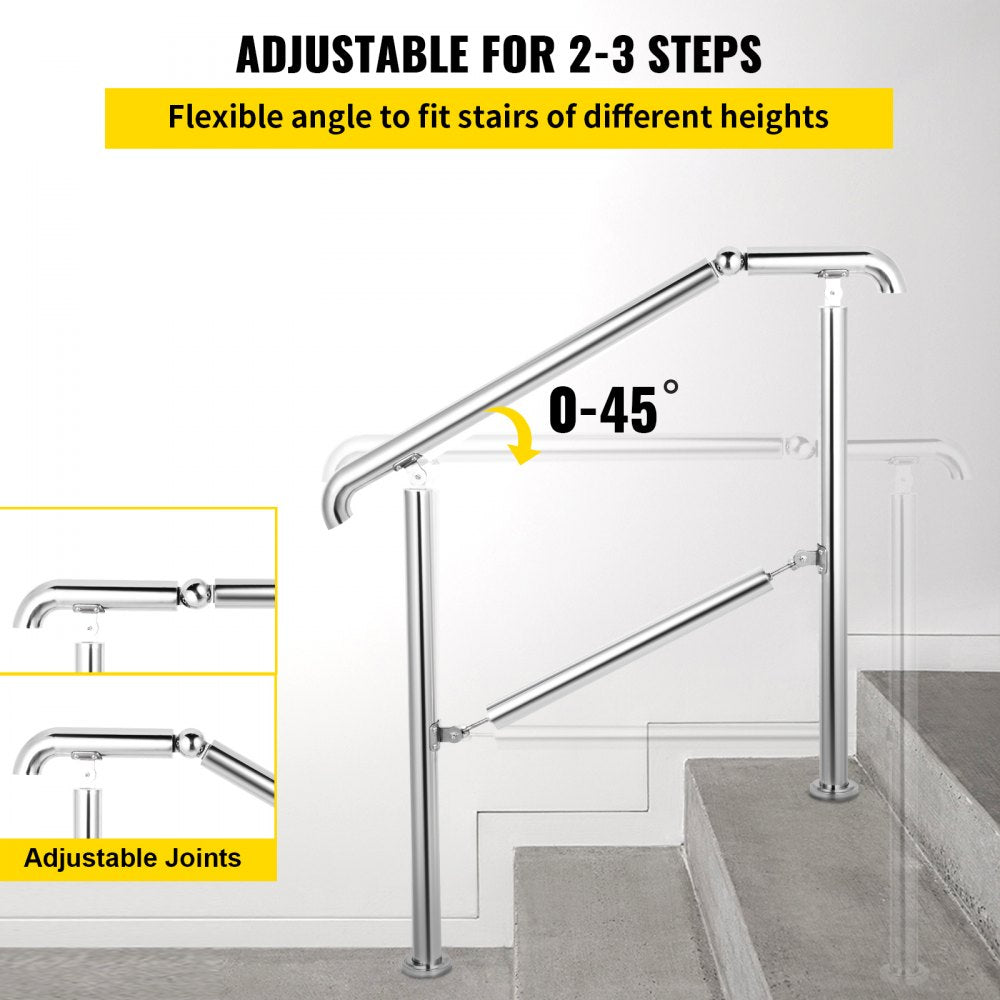 VEVOR Stainless Steel Transitional Handrail fit for Level Surface and 2 to 3 Adjustable Stair Indoor Outdoor Step Railings 441lb Capacity with Installation Kit Porch DIY, Silver