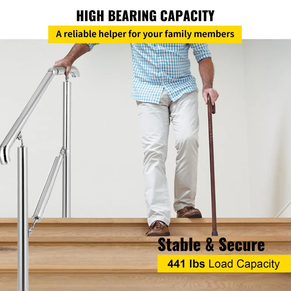 VEVOR Stainless Steel Transitional Handrail fit for Level Surface and 2 to 3 Adjustable Stair Indoor Outdoor Step Railings 441lb Capacity with Installation Kit Porch DIY, Silver