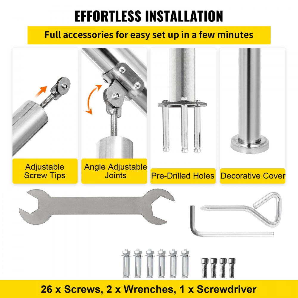 VEVOR Stainless Steel Transitional Handrail fit for Level Surface and 2 to 3 Adjustable Stair Indoor Outdoor Step Railings 441lb Capacity with Installation Kit Porch DIY, Silver