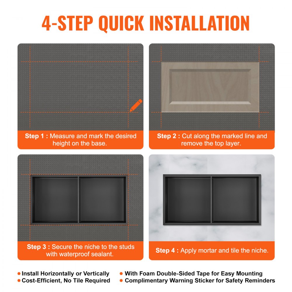 VEVOR 13"x25" No Tile Shower Niche 304 Stainless Steel, Wall-Inserted Niche Recessed Double Shelves, Sealed Waterproof Rust-Resistant Easy Cleaning Modern Niche for Shower or Soap Storage Bathroom