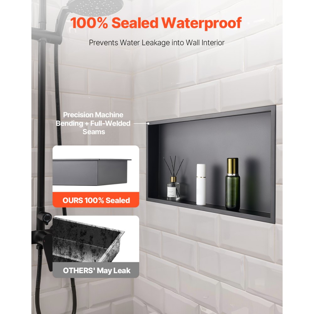VEVOR Shower Niche, 13 x 25 x 4 inch Recessed Wall Niche, Heavy-duty Stainless Steel Modern Soap & Shampoo Storage Organizer, Sealed Waterproof, Durable & Easy to Install,Black for Bathroom