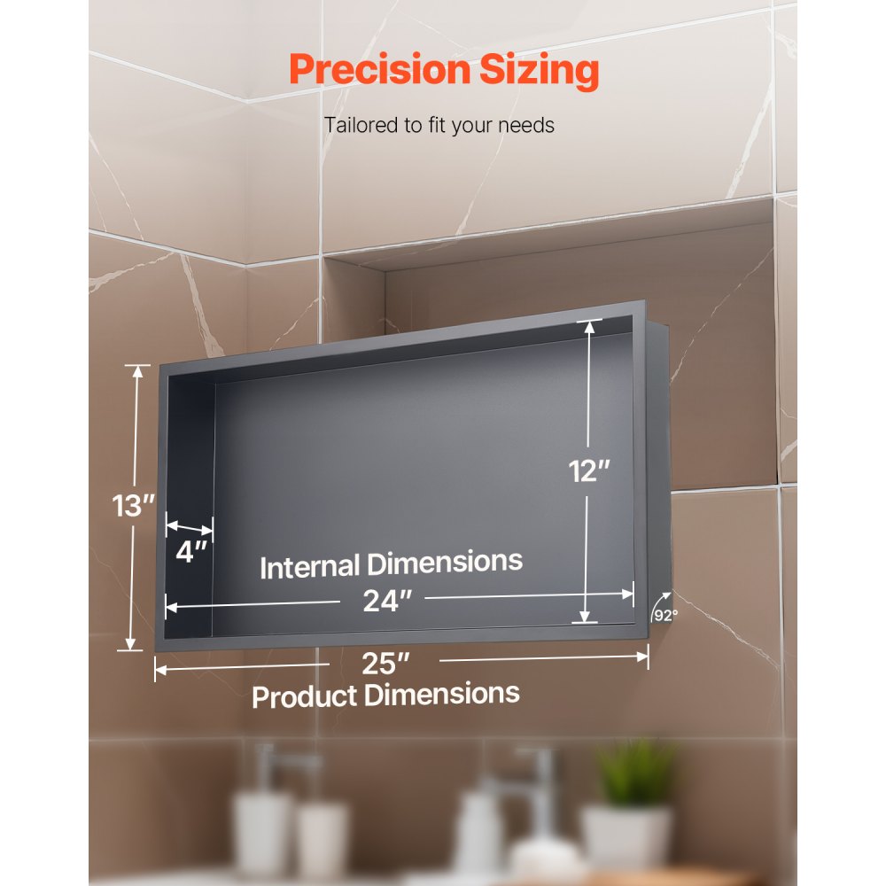 VEVOR Shower Niche, 13 x 25 x 4 inch Recessed Wall Niche, Heavy-duty Stainless Steel Modern Soap & Shampoo Storage Organizer, Sealed Waterproof, Durable & Easy to Install,Black for Bathroom