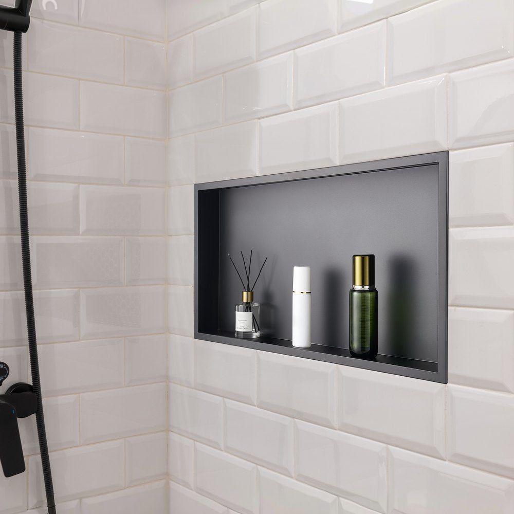 VEVOR Shower Niche, 13 x 25 x 4 inch Recessed Wall Niche, Heavy-duty Stainless Steel Modern Soap & Shampoo Storage Organizer, Sealed Waterproof, Durable & Easy to Install,Black for Bathroom