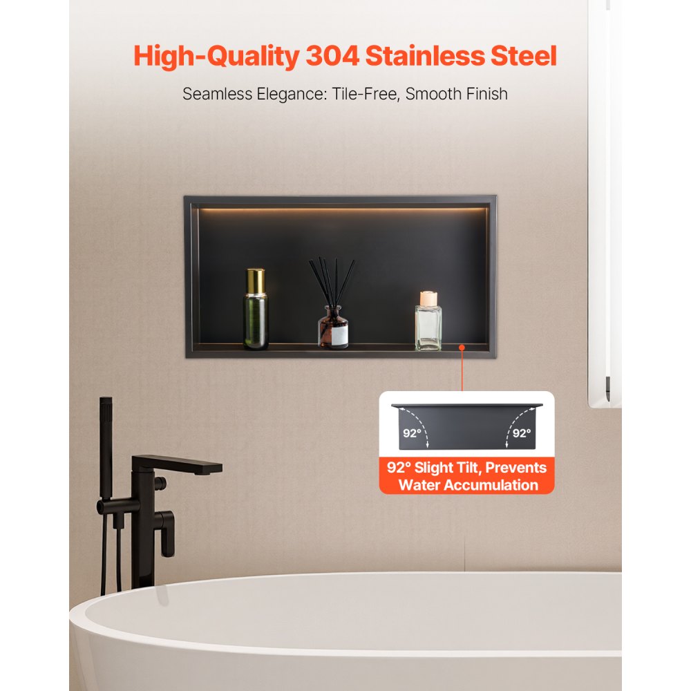 VEVOR Shower Niche, 13 x 25 x 4 inch Recessed Wall Niche With LED Strip,Heavy-duty Stainless Steel Modern Shampoo Storage Organizer,Sealed Waterproof, Durable & Easy to Install,Black for Bathroom