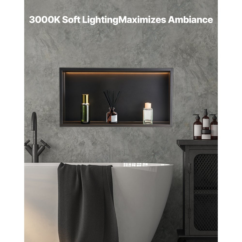 VEVOR Shower Niche, 13 x 25 x 4 inch Recessed Wall Niche With LED Strip,Heavy-duty Stainless Steel Modern Shampoo Storage Organizer,Sealed Waterproof, Durable & Easy to Install,Black for Bathroom