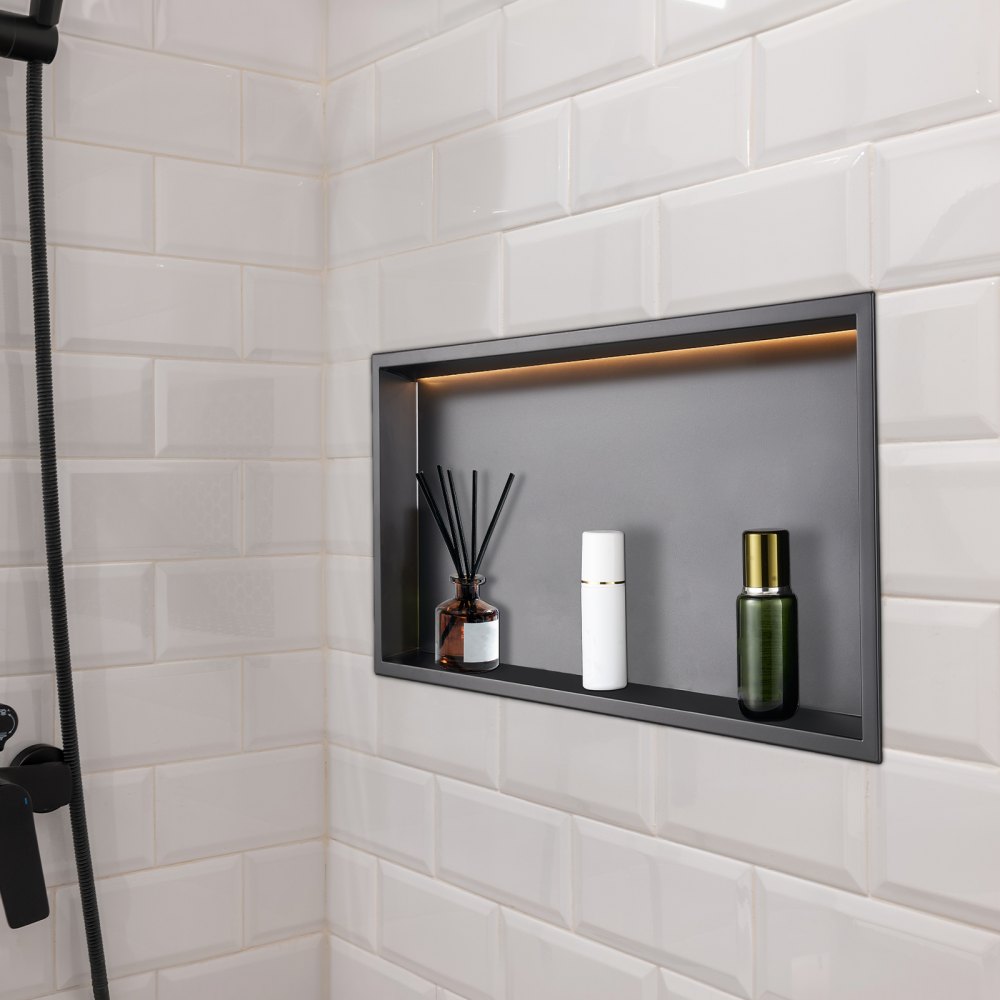VEVOR Shower Niche, 13 x 25 x 4 inch Recessed Wall Niche With LED Strip,Heavy-duty Stainless Steel Modern Shampoo Storage Organizer,Sealed Waterproof, Durable & Easy to Install,Black for Bathroom
