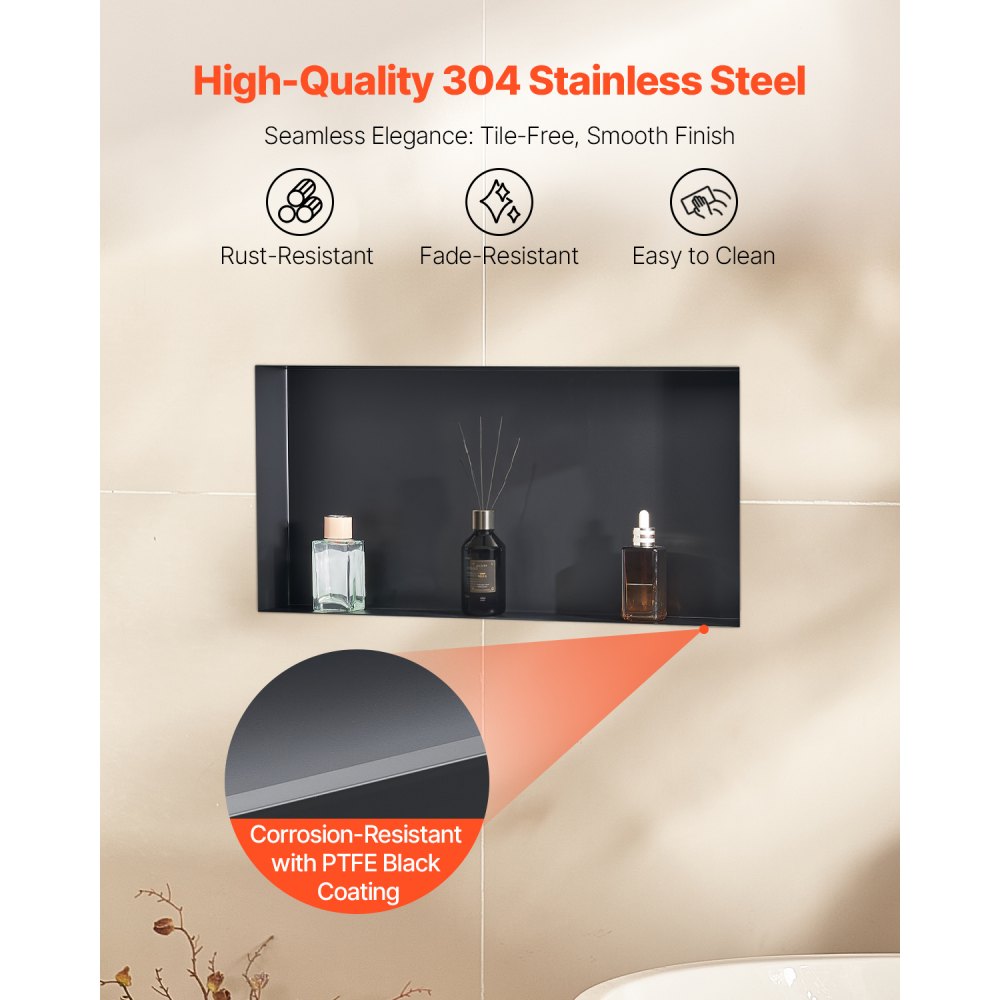 VEVOR Shower Niche, 13 x 25 x 4 inch Frameless Recessed Wall Niche, Heavy-duty Stainless Steel Modern Shampoo Storage Organizer, Sealed Waterproof, Durable & Easy to Install, Black for Bathroom