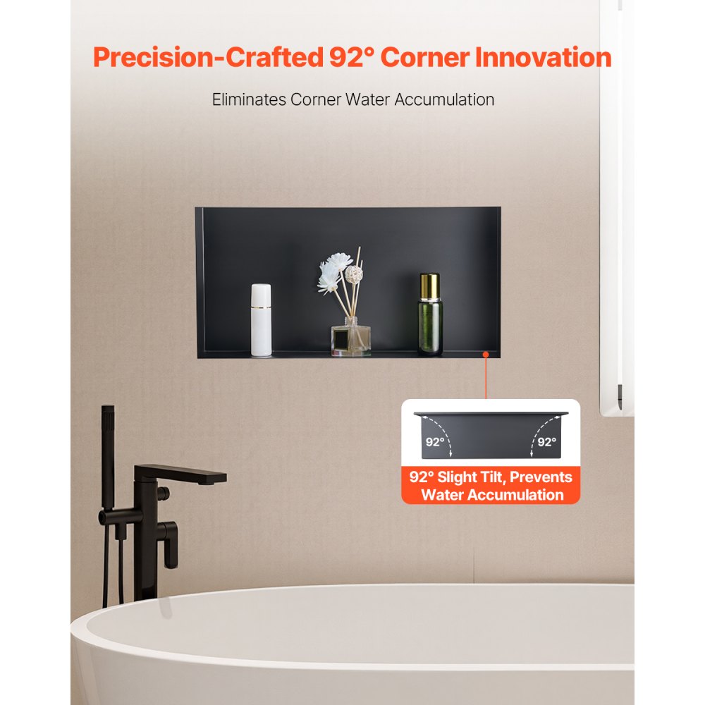 VEVOR Shower Niche, 13 x 25 x 4 inch Frameless Recessed Wall Niche, Heavy-duty Stainless Steel Modern Shampoo Storage Organizer, Sealed Waterproof, Durable & Easy to Install, Black for Bathroom