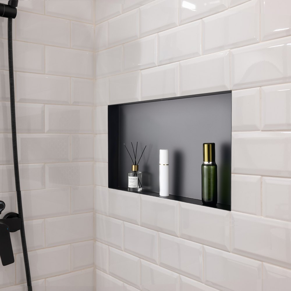 VEVOR Shower Niche, 13 x 25 x 4 inch Frameless Recessed Wall Niche, Heavy-duty Stainless Steel Modern Shampoo Storage Organizer, Sealed Waterproof, Durable & Easy to Install, Black for Bathroom