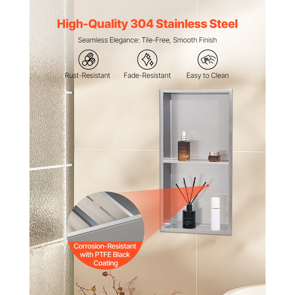 VEVOR Shower Niche, 13 x 25 x 4 inch Recessed Wall Niche Double-layer, with Hollowed-out Divider,Heavy-duty Stainless Steel Modern Shampoo Storage Organizer,Waterproof, Silver for Bathroom
