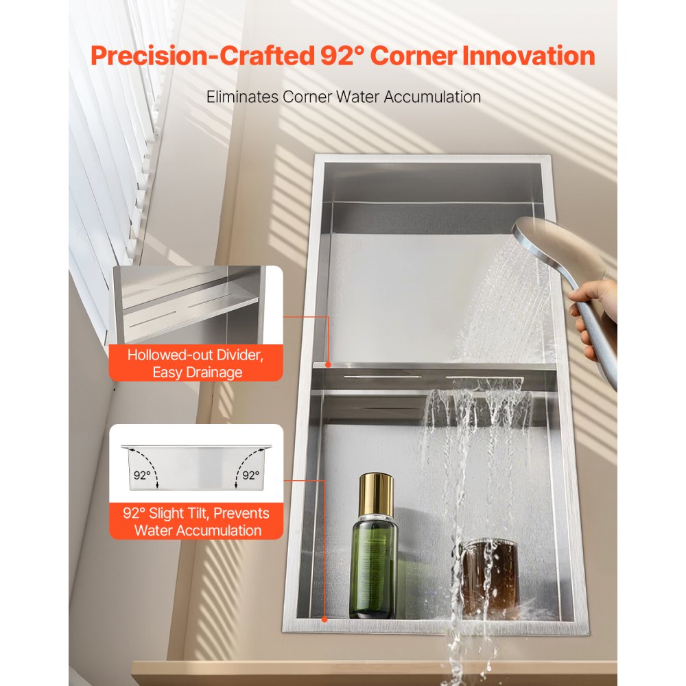VEVOR Shower Niche, 13 x 25 x 4 inch Recessed Wall Niche Double-layer, with Hollowed-out Divider,Heavy-duty Stainless Steel Modern Shampoo Storage Organizer,Waterproof, Silver for Bathroom