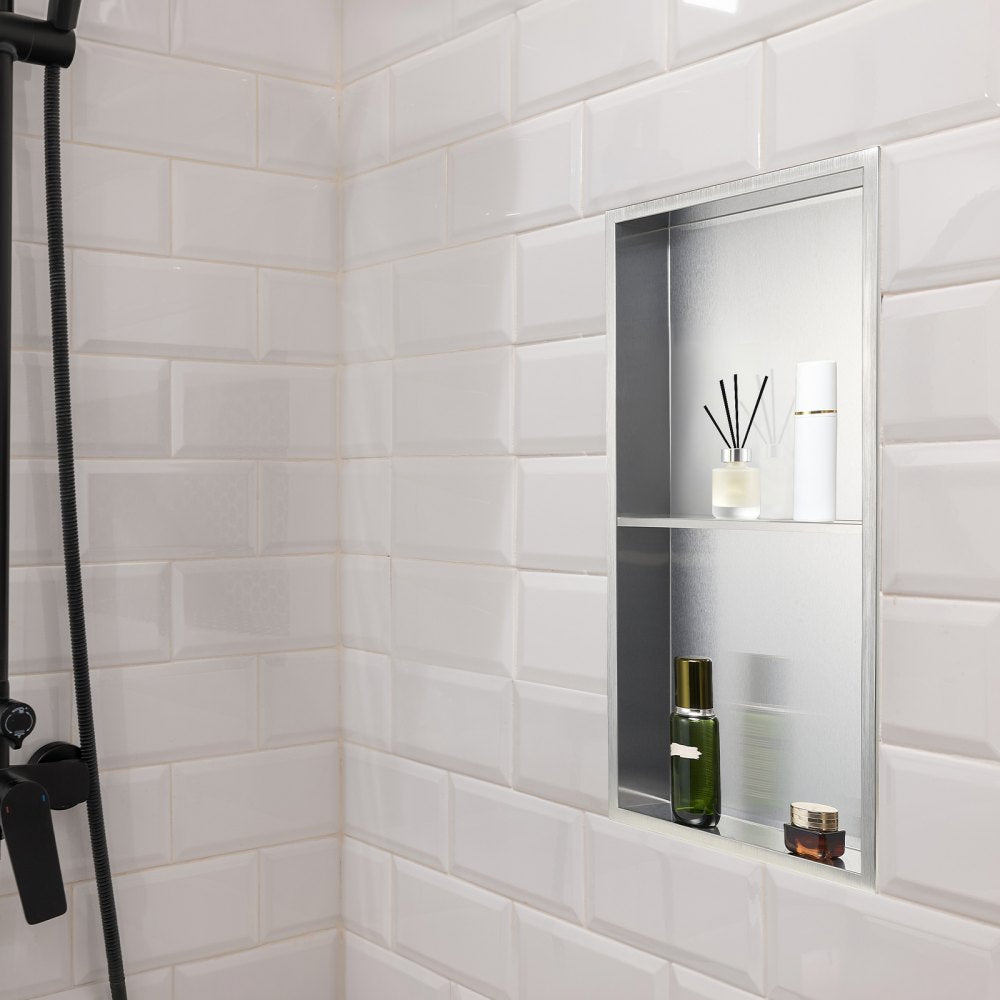 VEVOR Shower Niche, 13 x 25 x 4 inch Recessed Wall Niche Double-layer, with Hollowed-out Divider,Heavy-duty Stainless Steel Modern Shampoo Storage Organizer,Waterproof, Silver for Bathroom