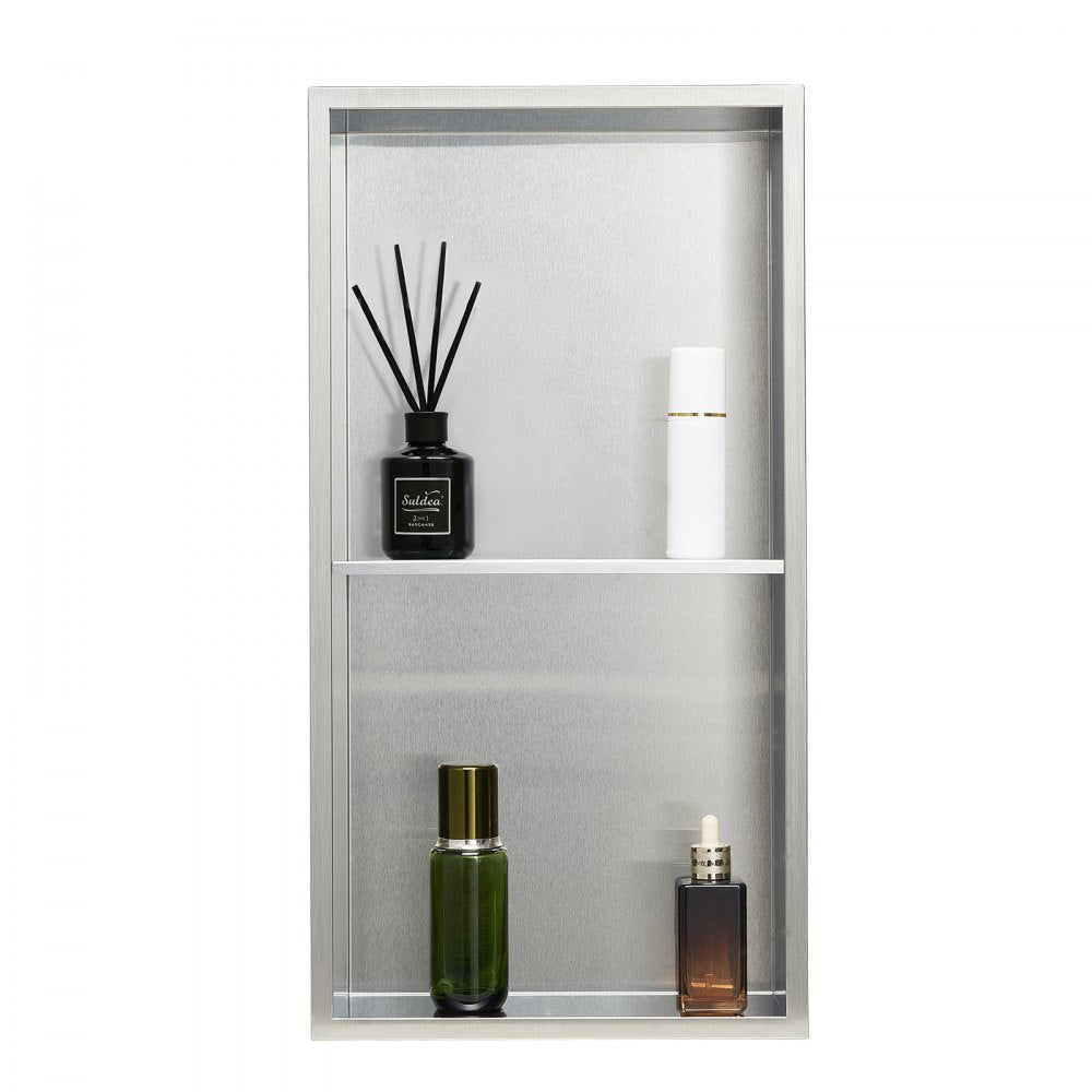 VEVOR Shower Niche, 13 x 25 x 4 inch Recessed Wall Niche Double-layer, with Hollowed-out Divider,Heavy-duty Stainless Steel Modern Shampoo Storage Organizer,Waterproof, Silver for Bathroom