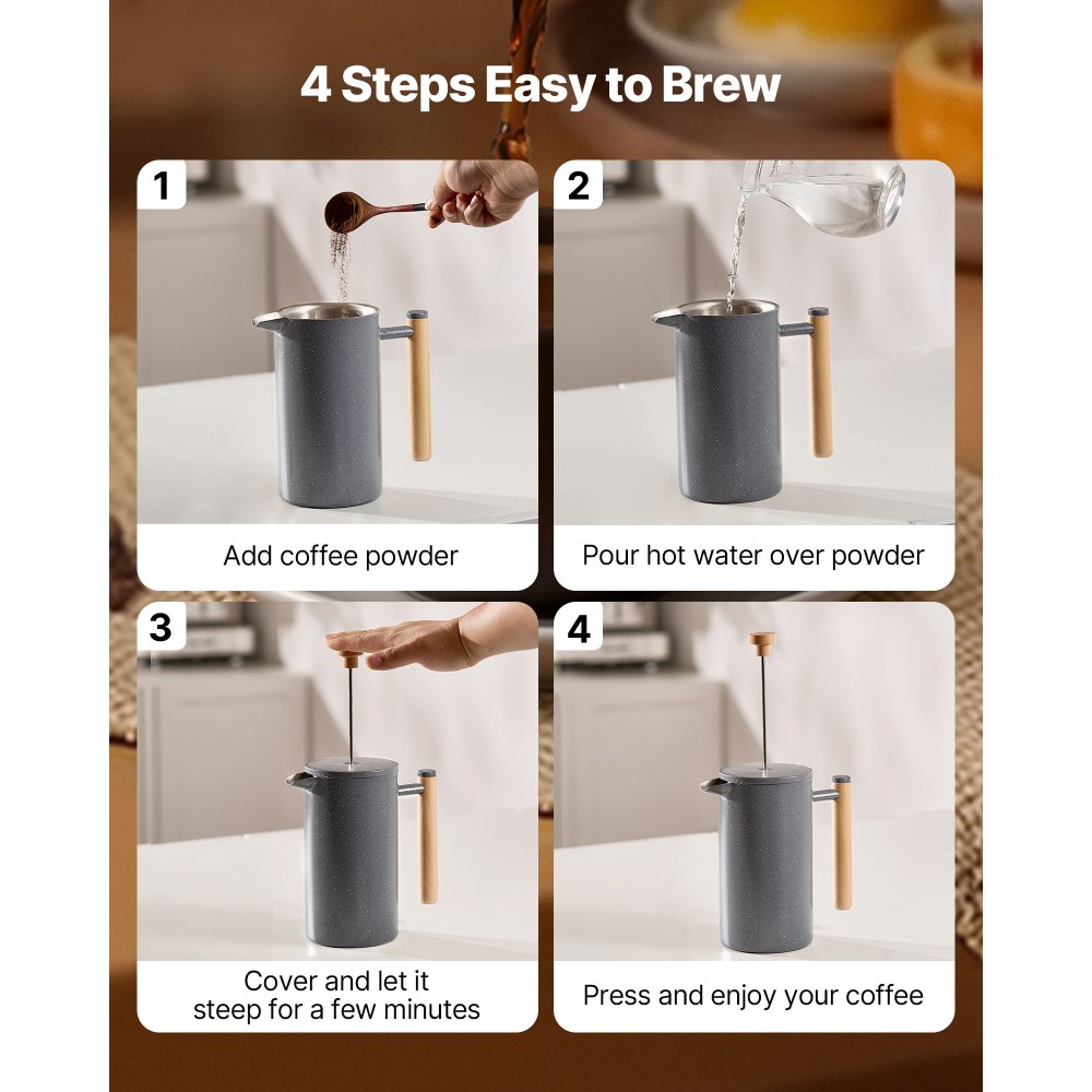 VEVOR French Press Coffee Maker, 34 Ounce 1 Liter Stainless Steel Coffee Press Tea Maker with Filter, Large Double Wall Insulated French Presses Cold Brew for Camping Travel Home Kitchen, Black