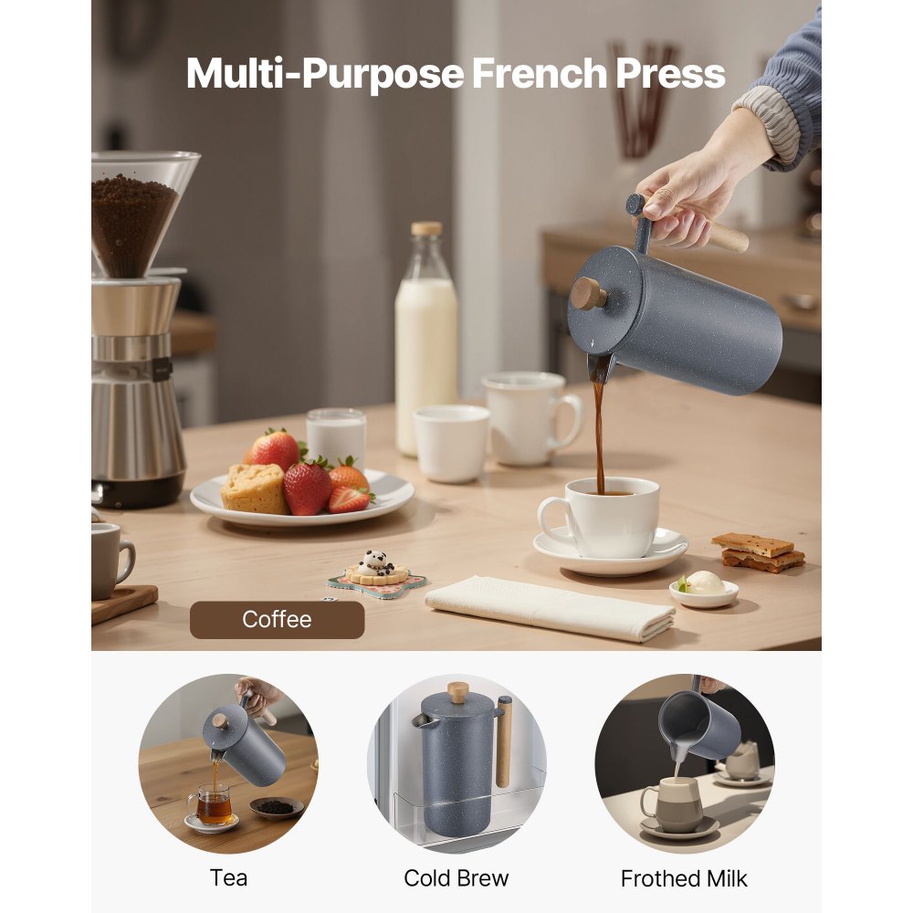 VEVOR French Press Coffee Maker, 34 Ounce 1 Liter Stainless Steel Coffee Press Tea Maker with Filter, Large Double Wall Insulated French Presses Cold Brew for Camping Travel Home Kitchen, Black