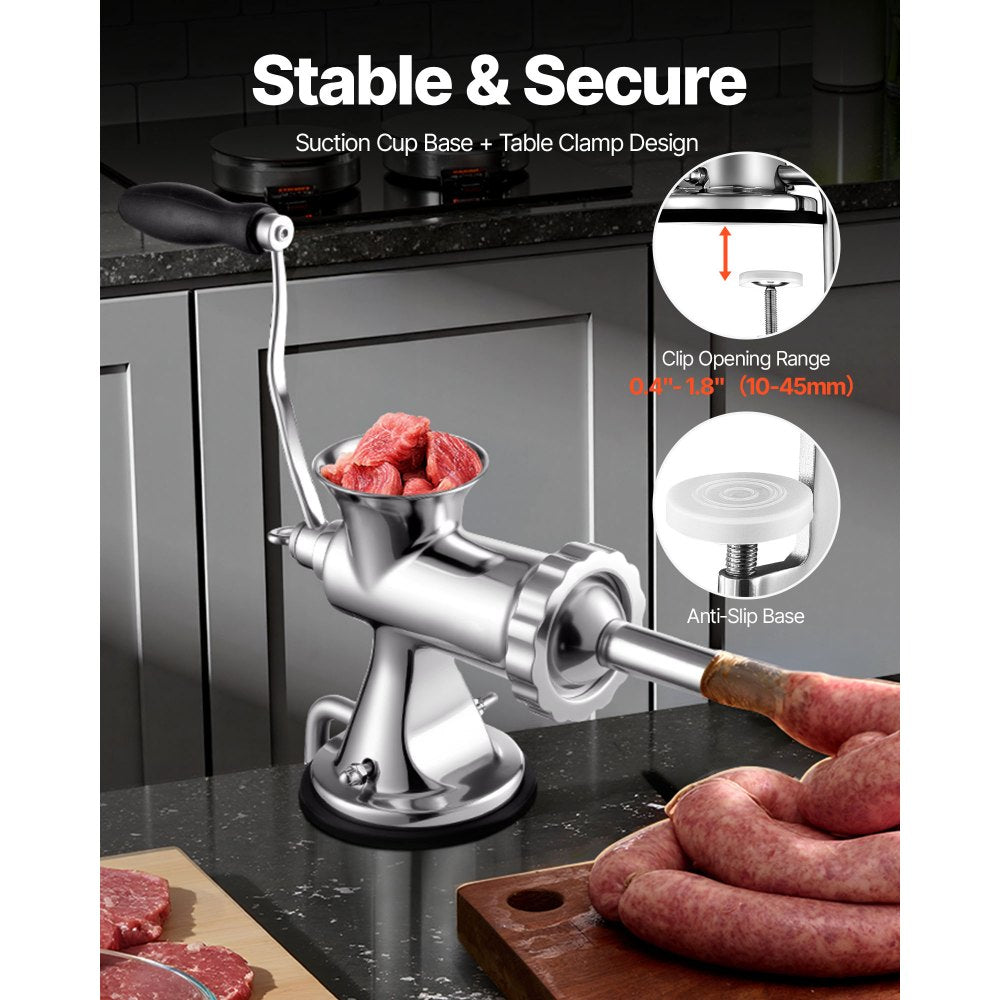 VEVOR Manual Meat Grinder, 304 Stainless Steel Hand Meat Grinder with Suction Cup + Steel Table Clamp, Meat Mincer Sausage Maker & 2 Cutting Plates, Sausage Tube, Grinding Head for Beef Pepper Cookie