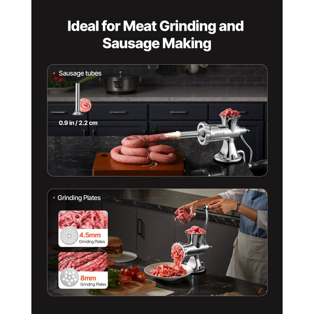 VEVOR Manual Meat Grinder, 304 Stainless Steel Hand Meat Grinder with Suction Cup + Steel Table Clamp, Meat Mincer Sausage Maker & 2 Cutting Plates, Sausage Tube, Grinding Head for Beef Pepper Cookie