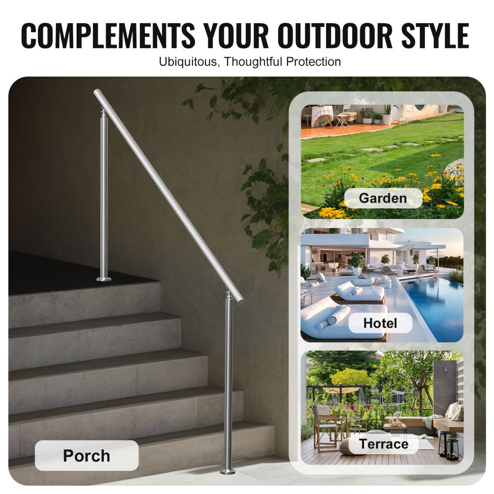 VEVOR Handrails for Outdoor Steps, 70.9 in/ 180cm Length Stair Hand Rail Kit, Transitional Stainless Steel Railings with Installation Kit, Double-column Staircase Handrails for Seniors,Porch & Deck